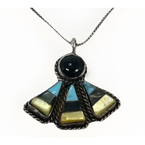 Vintage Navajo Sterling Silver Turquoise Onyx & Coral Pendant Necklace - 19” - Picture 5 of 16